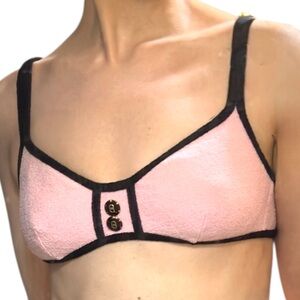 Vintage LA BLANCA Pink Boucle TerryCloth Swim Bikini Top - Black Trim - sz 8/S/M